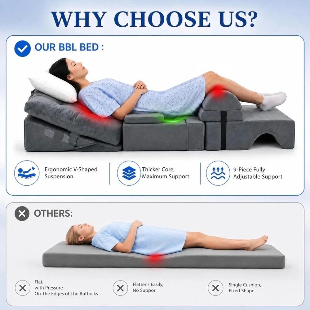 BBL Recovery Bed Mattress 9-Piece Adjustable Post Surgery Pillow Set Grey Foam